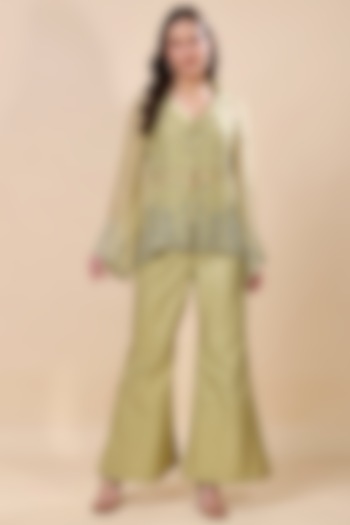 Green Silk Organza Hand Embroidered Co-Ord Set by Kanchi Khurana Couture at Pernia's Pop Up Shop