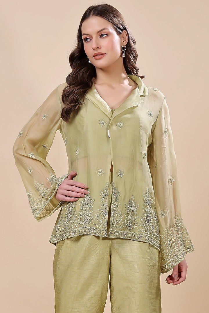 Green Silk Organza Hand Embroidered Co-Ord Set by Kanchi Khurana Couture at Pernia's Pop Up Shop