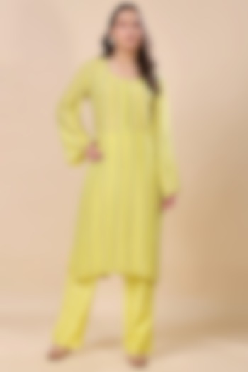 Yellow Tissue Hand Embroidered Kurta Set by Kanchi Khurana Couture at Pernia's Pop Up Shop