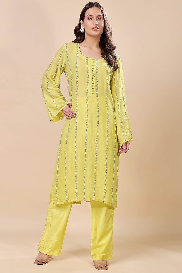 Yellow Tissue Hand Embroidered Kurta Set by Kanchi Khurana Couture at Pernia's Pop Up Shop