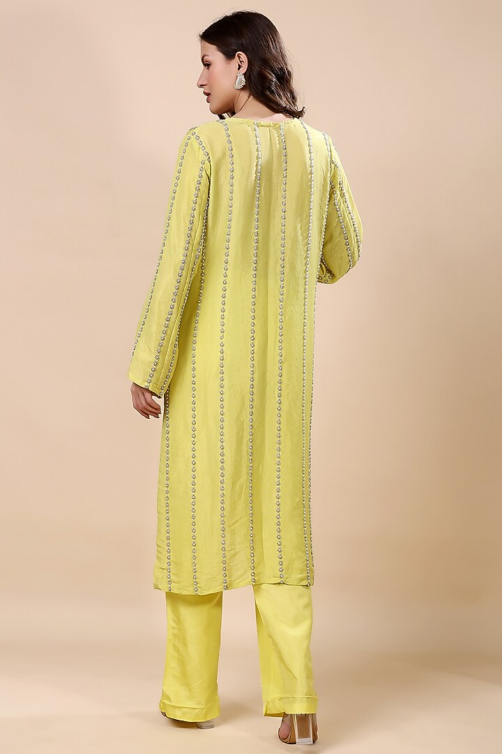 Yellow Tissue Hand Embroidered Kurta Set by Kanchi Khurana Couture at Pernia's Pop Up Shop