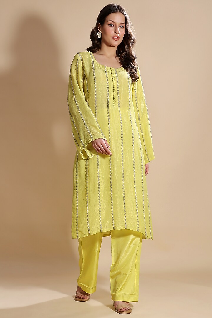Yellow Tissue Hand Embroidered Kurta Set by Kanchi Khurana Couture at Pernia's Pop Up Shop