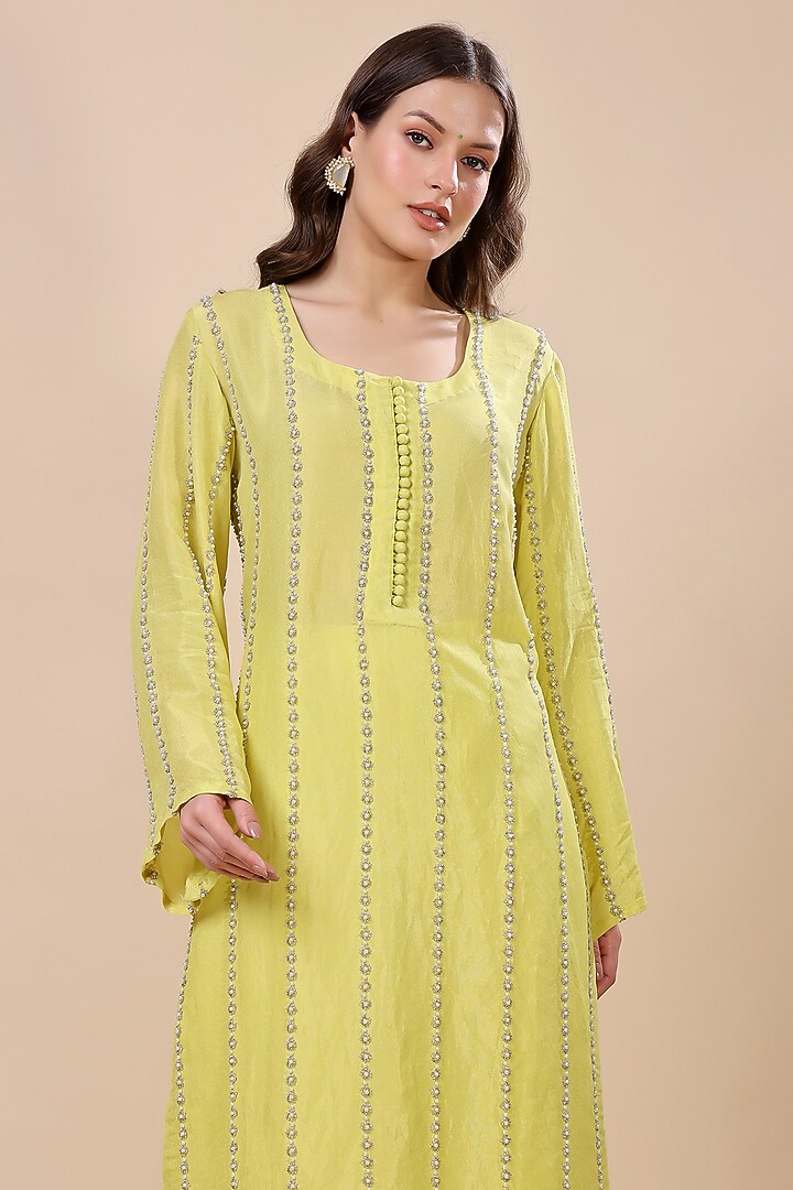 Yellow Tissue Hand Embroidered Kurta Set by Kanchi Khurana Couture at Pernia's Pop Up Shop