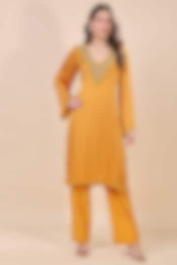 Mustard Satin Organza Hand Embroidered Kurta Set by Kanchi Khurana Couture at Pernia's Pop Up Shop