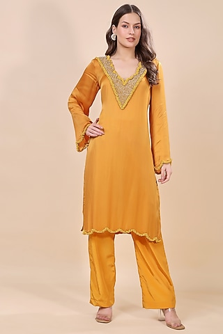 Mustard Satin Organza Hand Embroidered Kurta Set by Kanchi Khurana Couture