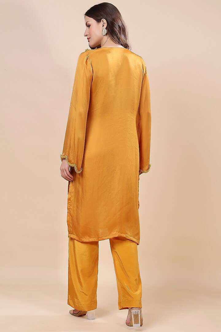 Mustard Satin Organza Hand Embroidered Kurta Set by Kanchi Khurana Couture at Pernia's Pop Up Shop