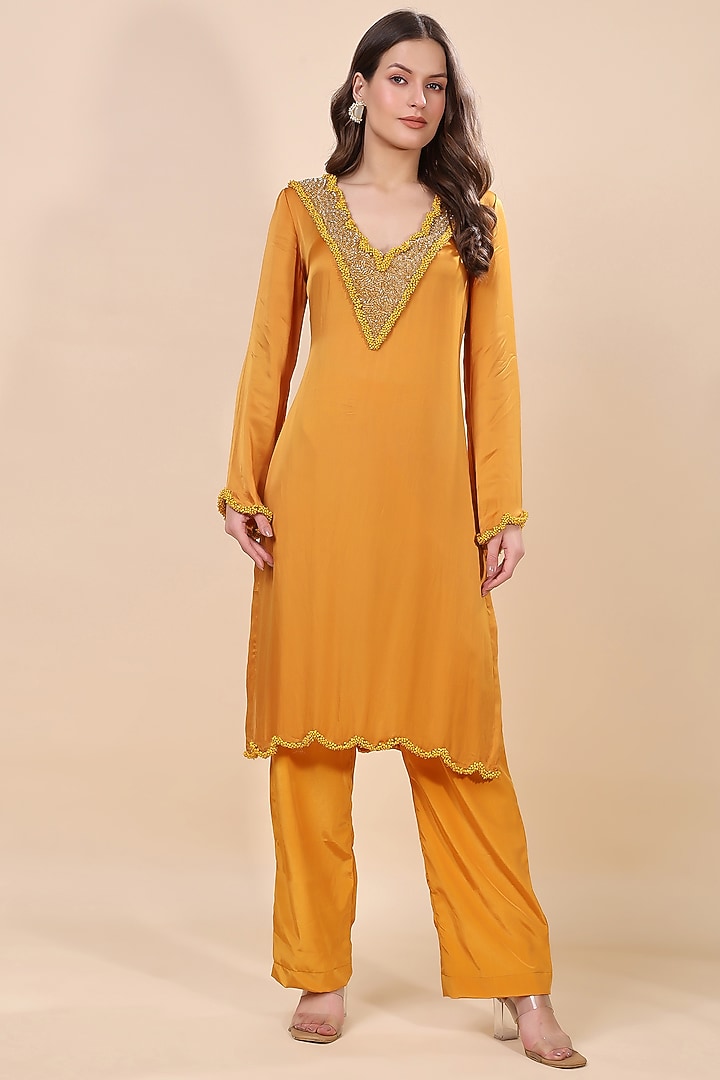 Mustard Satin Organza Hand Embroidered Kurta Set by Kanchi Khurana Couture at Pernia's Pop Up Shop