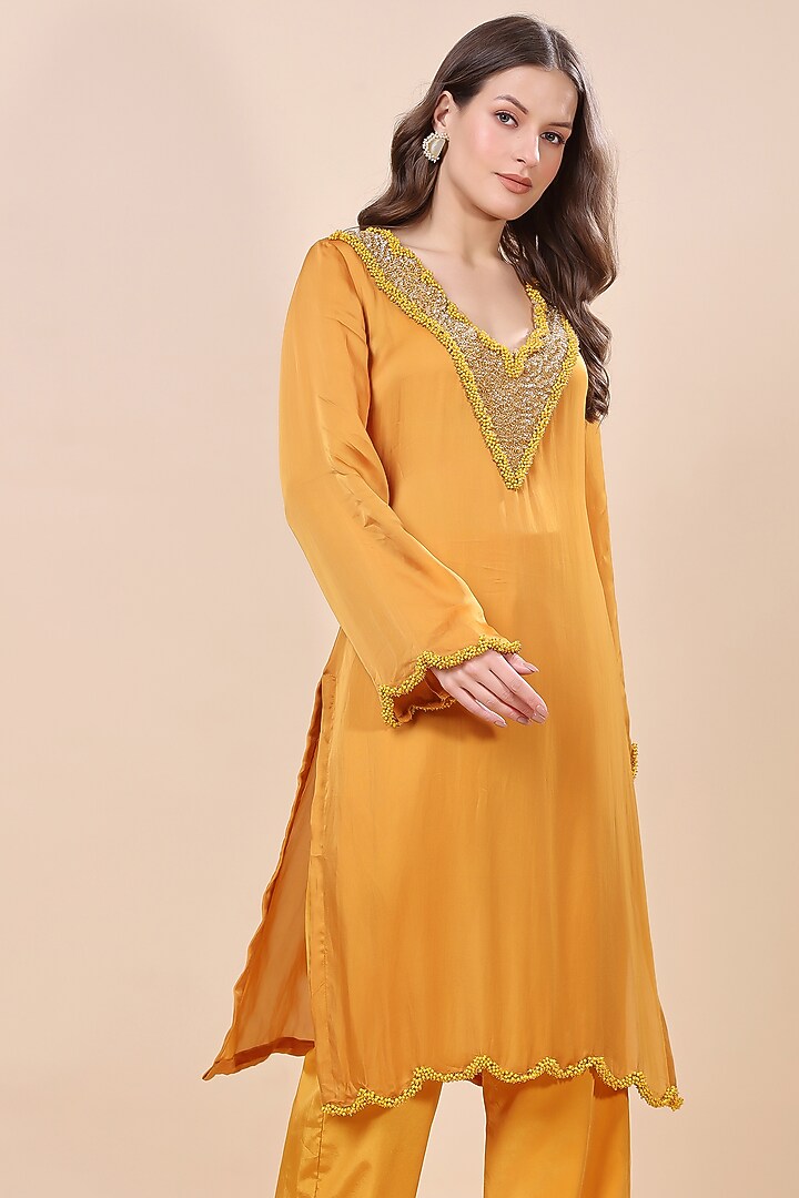 Mustard Satin Organza Hand Embroidered Kurta Set by Kanchi Khurana Couture at Pernia's Pop Up Shop