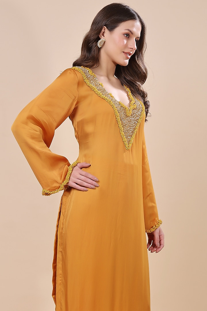 Mustard Satin Organza Hand Embroidered Kurta Set by Kanchi Khurana Couture at Pernia's Pop Up Shop
