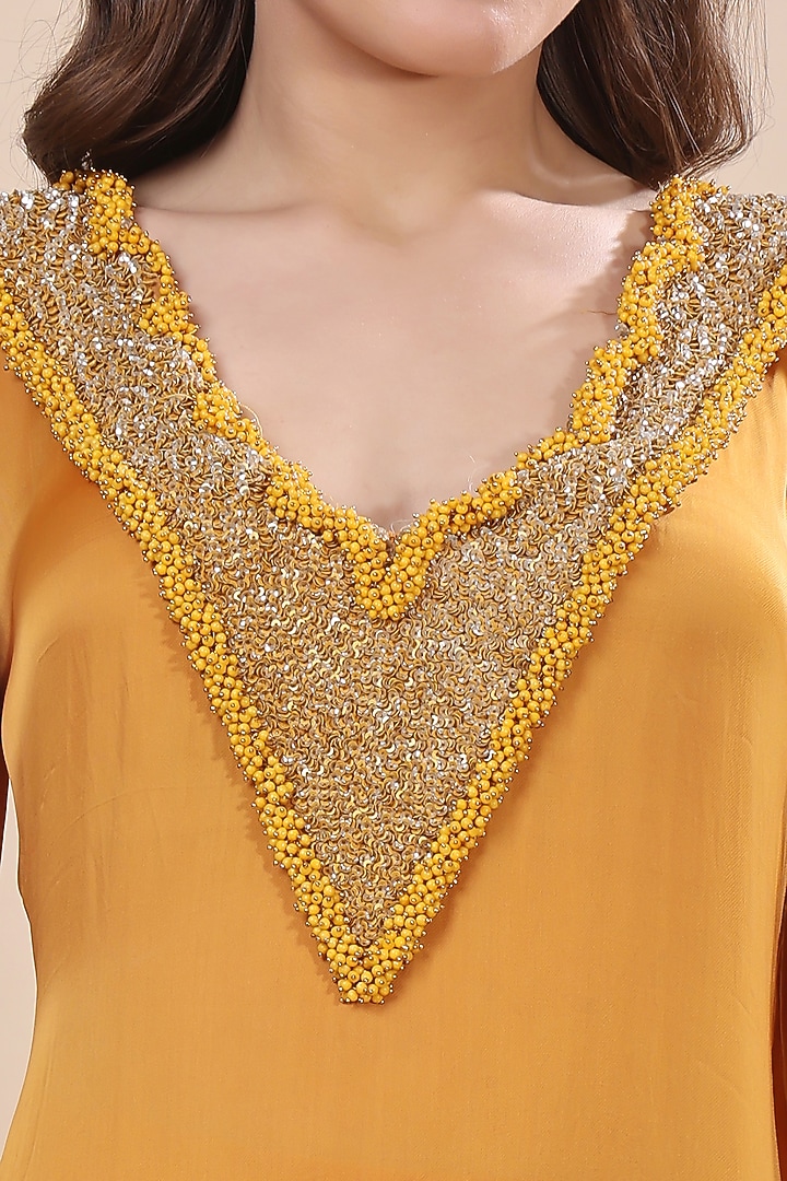 Mustard Satin Organza Hand Embroidered Kurta Set by Kanchi Khurana Couture at Pernia's Pop Up Shop