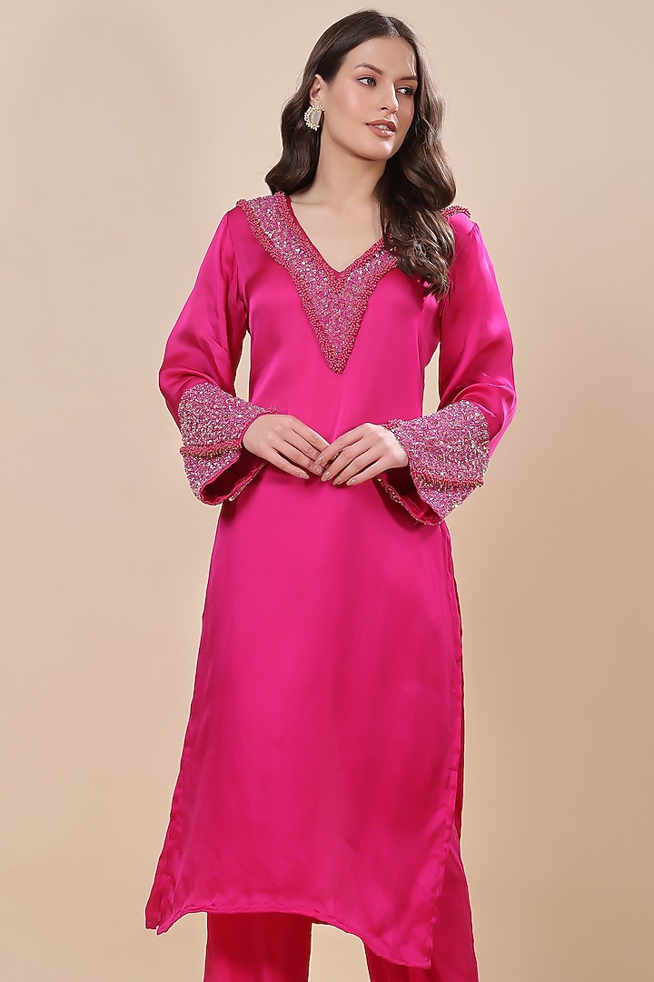 Pink Silk Organza Hand Embroidered Kurta Set by Kanchi Khurana Couture at Pernia's Pop Up Shop