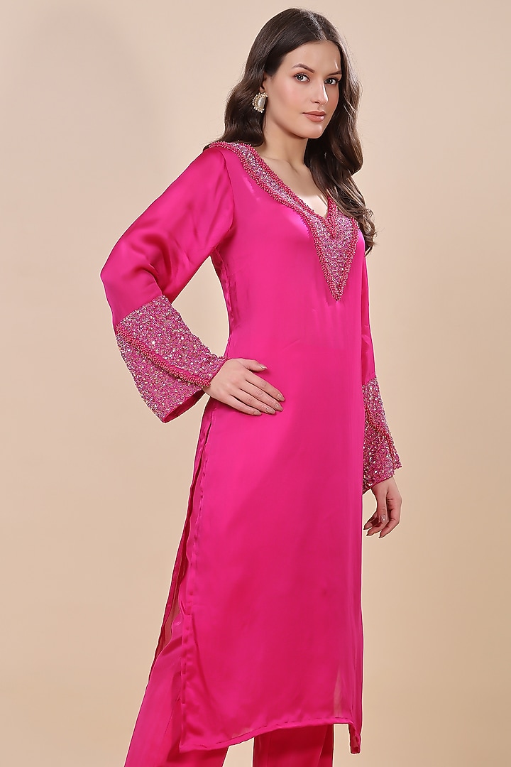 Pink Silk Organza Hand Embroidered Kurta Set by Kanchi Khurana Couture at Pernia's Pop Up Shop