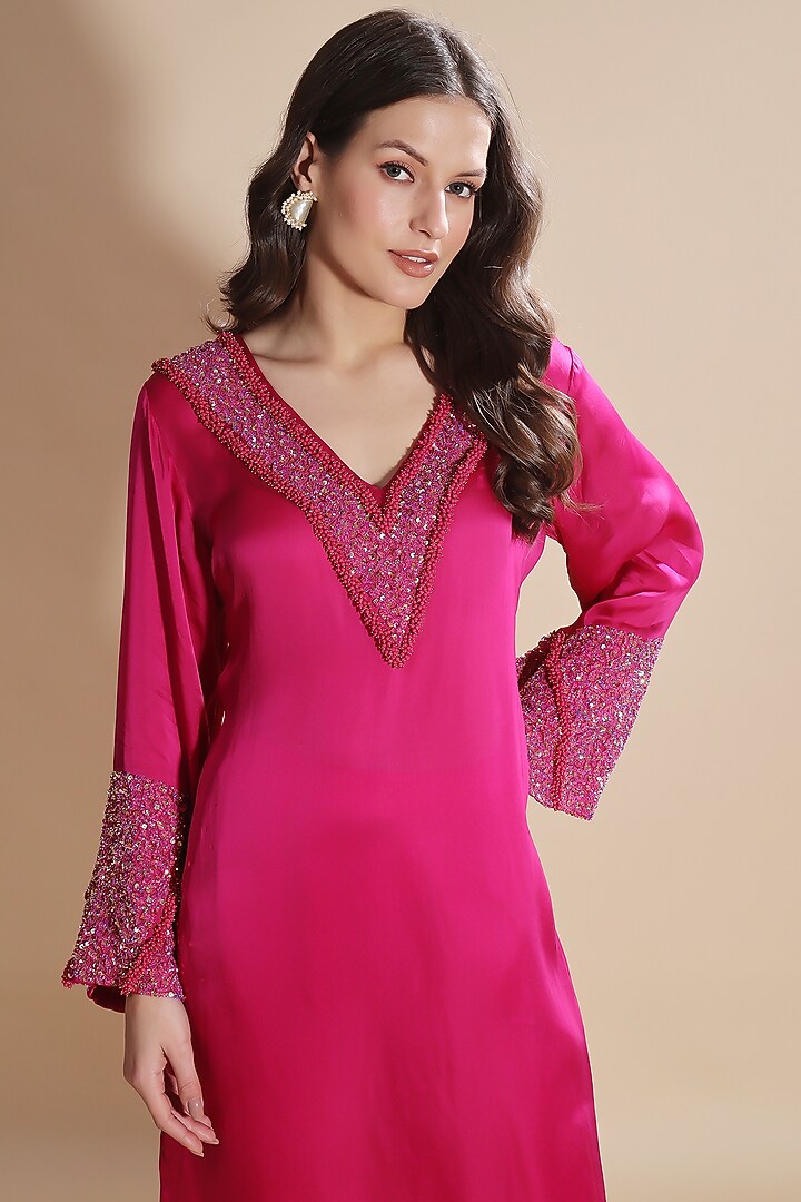 Pink Silk Organza Hand Embroidered Kurta Set by Kanchi Khurana Couture at Pernia's Pop Up Shop