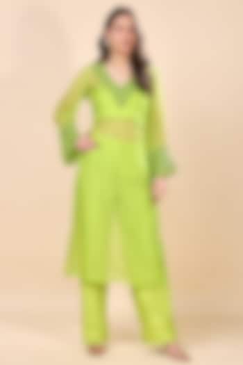 Neon Green Silk Organza Hand Embroidered Kurta Set by Kanchi Khurana Couture at Pernia's Pop Up Shop