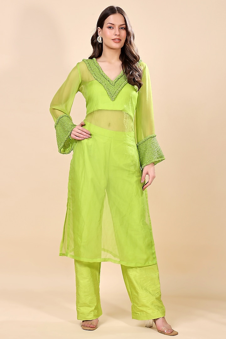 Neon Green Silk Organza Hand Embroidered Kurta Set by Kanchi Khurana Couture at Pernia's Pop Up Shop
