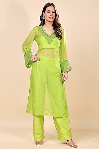 Neon Green Silk Organza Hand Embroidered Kurta Set by Kanchi Khurana Couture
