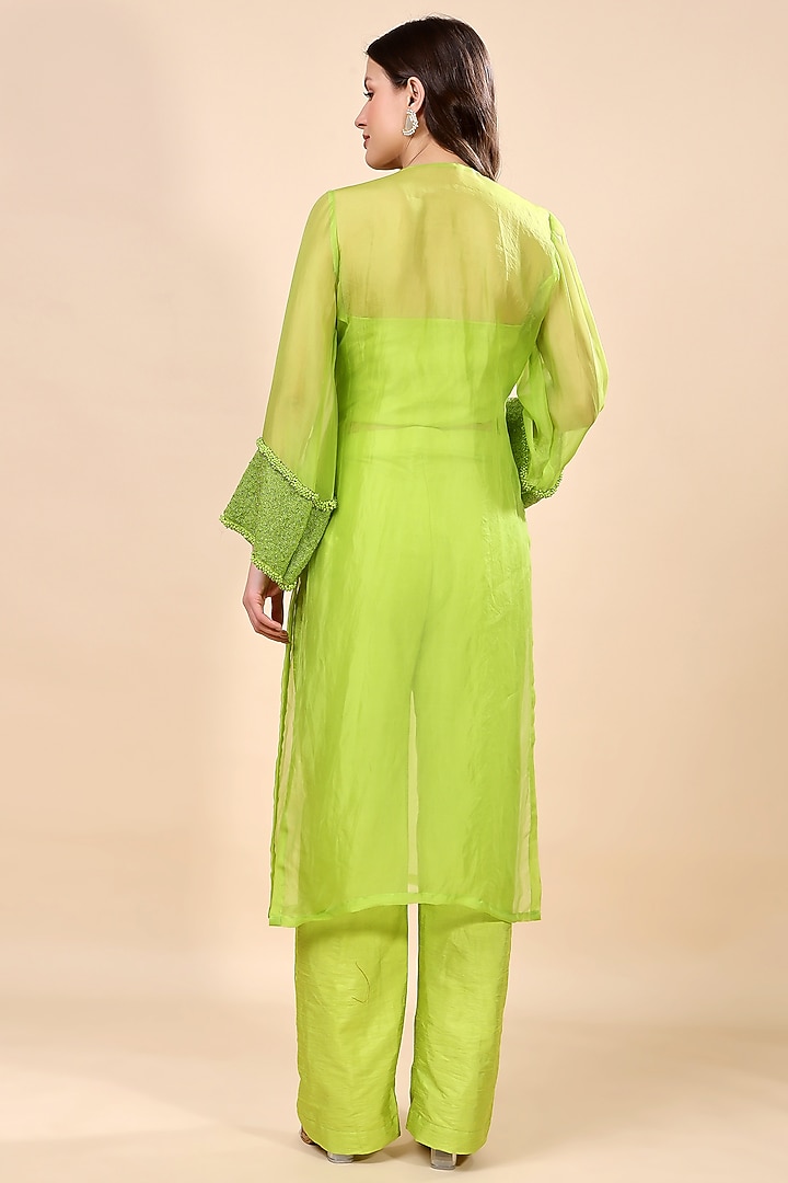Neon Green Silk Organza Hand Embroidered Kurta Set by Kanchi Khurana Couture at Pernia's Pop Up Shop