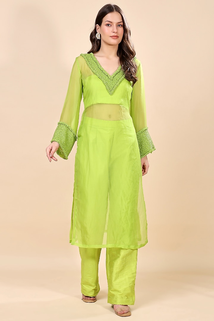 Neon Green Silk Organza Hand Embroidered Kurta Set by Kanchi Khurana Couture at Pernia's Pop Up Shop