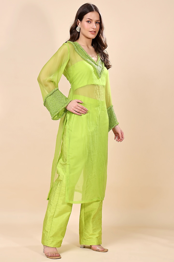 Neon Green Silk Organza Hand Embroidered Kurta Set by Kanchi Khurana Couture at Pernia's Pop Up Shop
