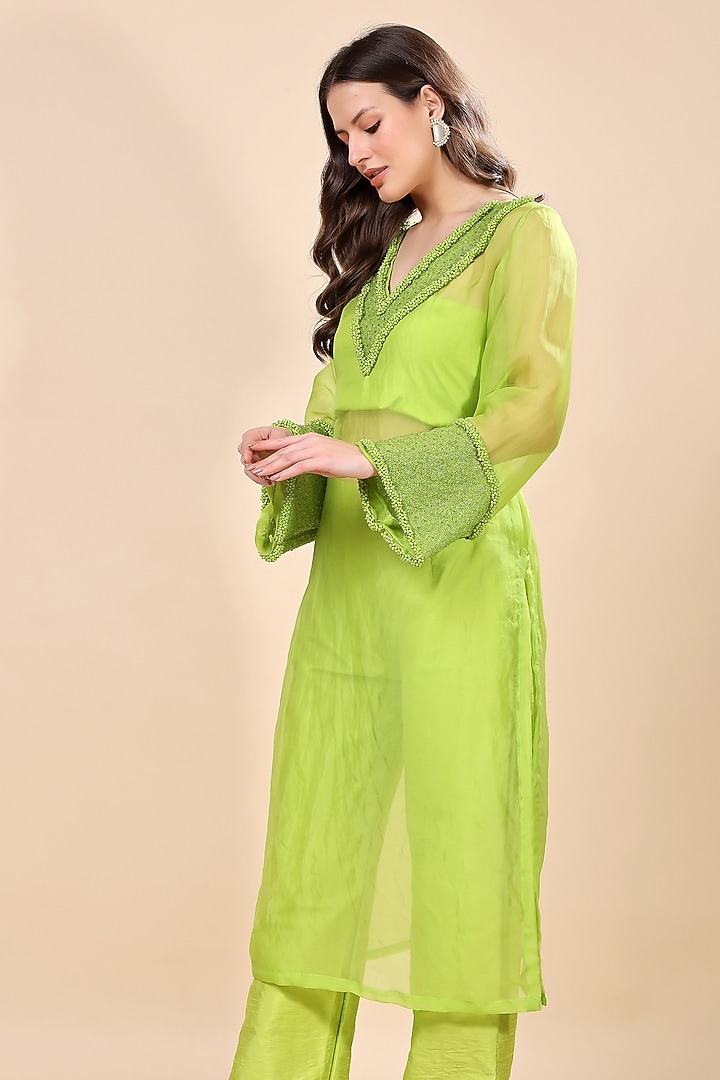 Neon Green Silk Organza Hand Embroidered Kurta Set by Kanchi Khurana Couture at Pernia's Pop Up Shop