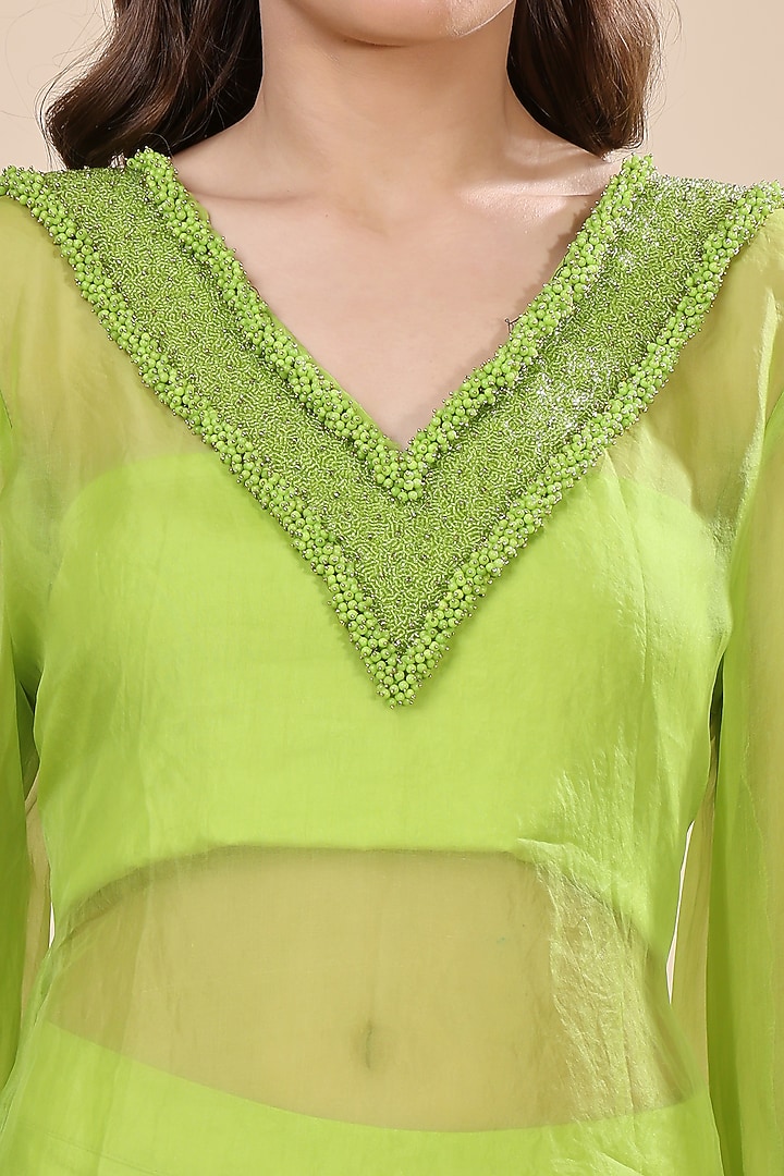 Neon Green Silk Organza Hand Embroidered Kurta Set by Kanchi Khurana Couture at Pernia's Pop Up Shop