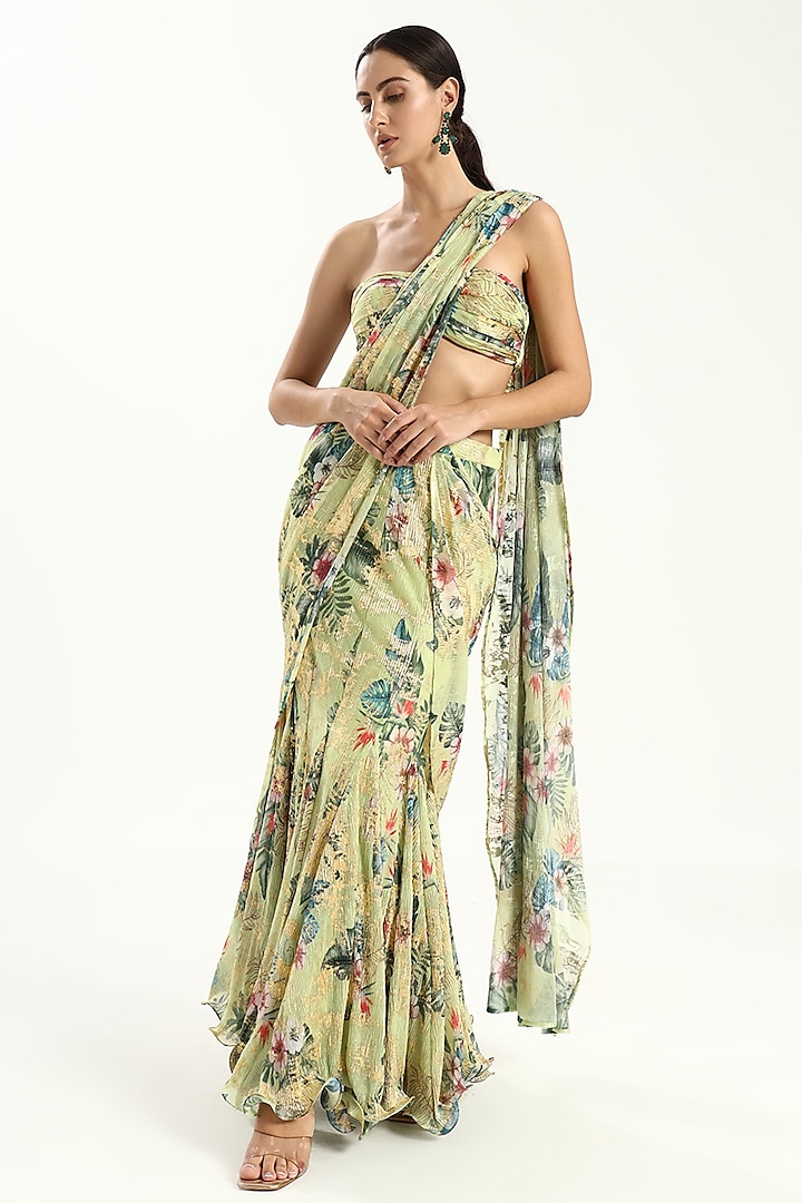 Green Imported Lycra Foil Printed Draped Saree Set by Kanchi Khurana Couture at Pernia's Pop Up Shop