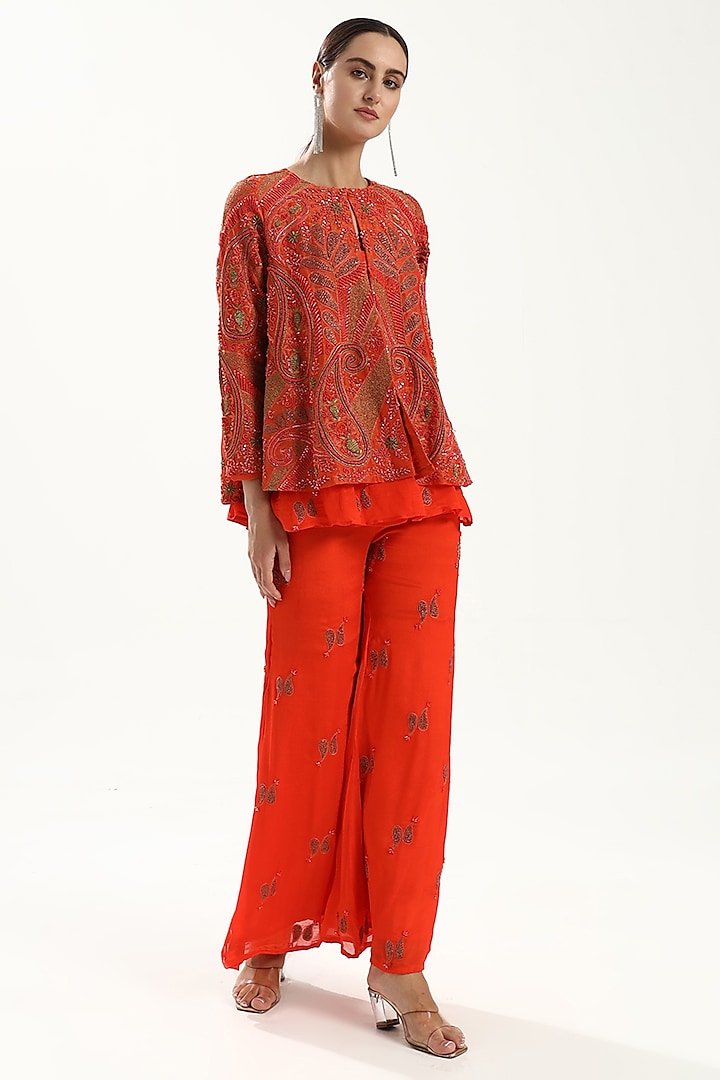 Orange Tissue Hand Embroidered Jacket Set by Kanchi Khurana Couture at Pernia's Pop Up Shop