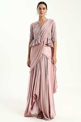 Pink Silk Modal Satin Draped Skirt Set by Kanchi Khurana Couture