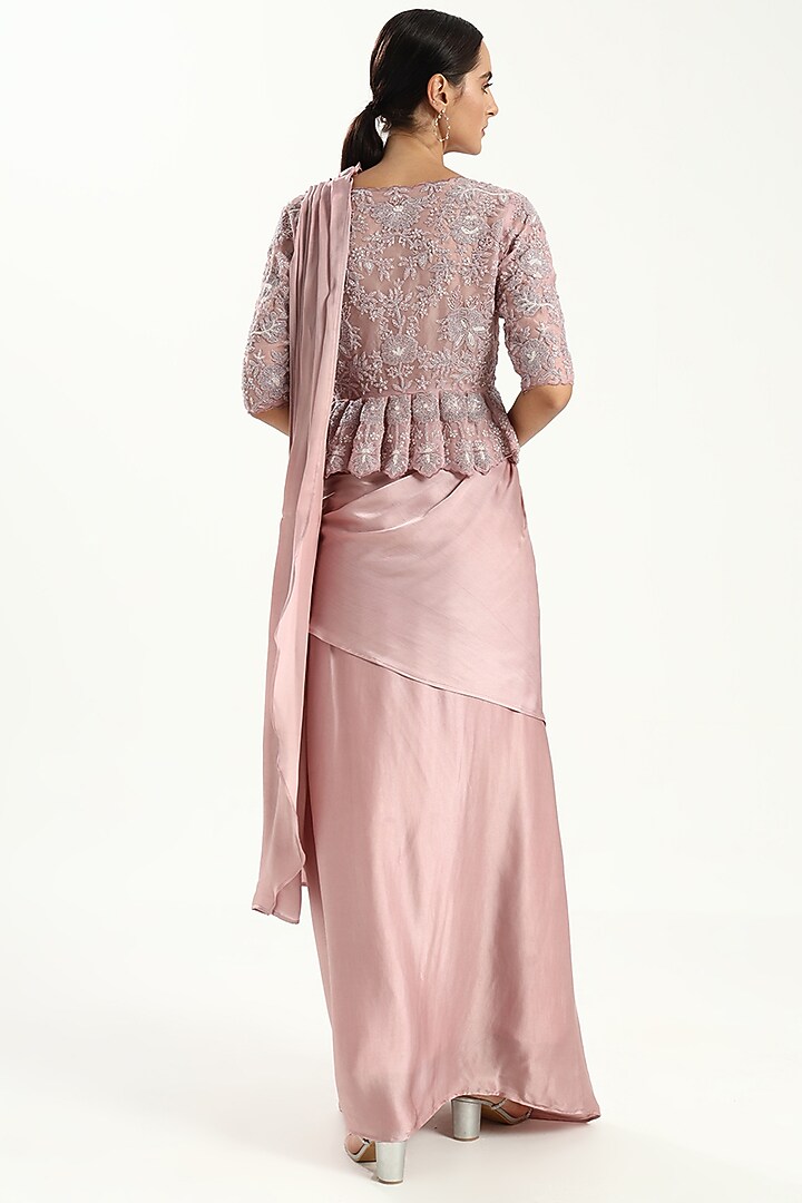 Pink Silk Modal Satin Draped Skirt Set by Kanchi Khurana Couture at Pernia's Pop Up Shop