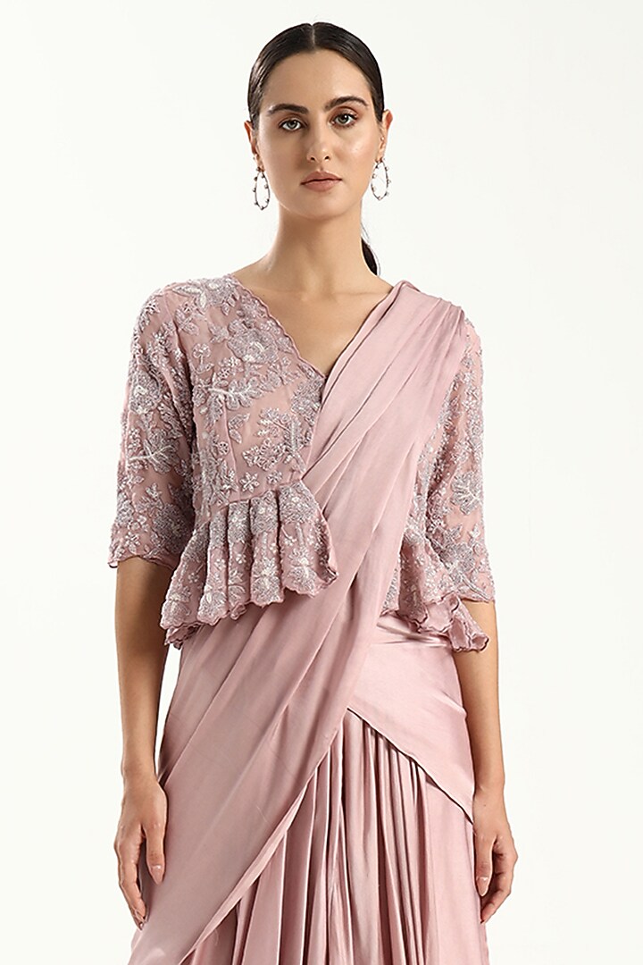 Pink Silk Modal Satin Draped Skirt Set by Kanchi Khurana Couture at Pernia's Pop Up Shop