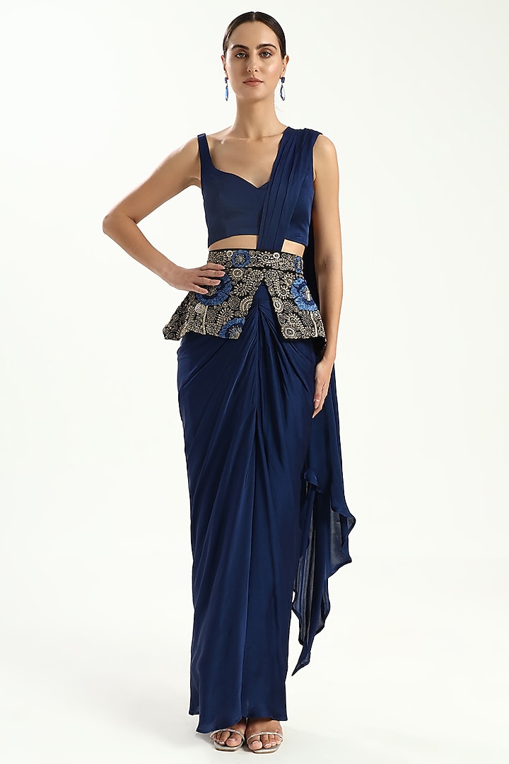 Blue Satin Saree Set by Kanchi Khurana Couture at Pernia's Pop Up Shop