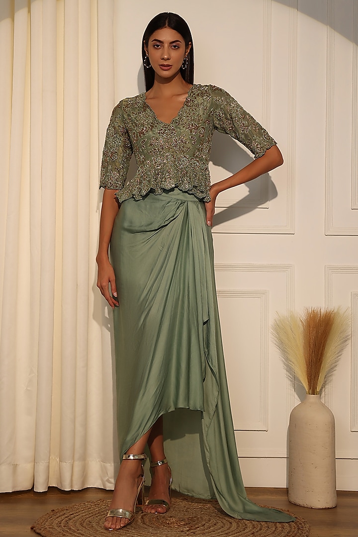 Green Modal Satin Draped Skirt Set by Kanchi Khurana Couture at Pernia's Pop Up Shop