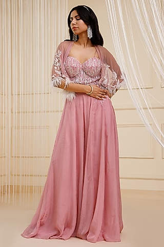Pink Flat Chiffon Hand Embroidered Jumpsuit by KANJ By Priyanka Sakhuja