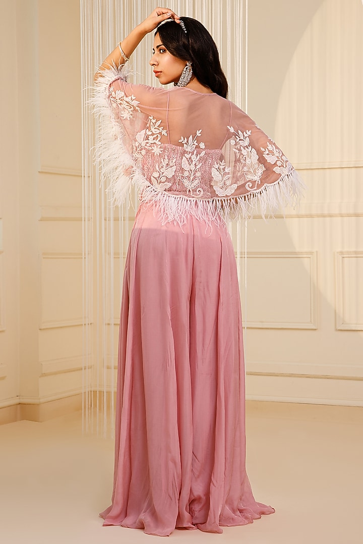 Pink Flat Chiffon Hand Embroidered Jumpsuit by KANJ By Priyanka Sakhuja at Pernia's Pop Up Shop