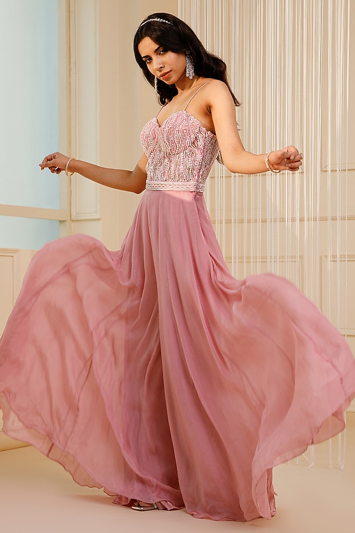 Pink Flat Chiffon Hand Embroidered Jumpsuit by KANJ By Priyanka Sakhuja at Pernia's Pop Up Shop