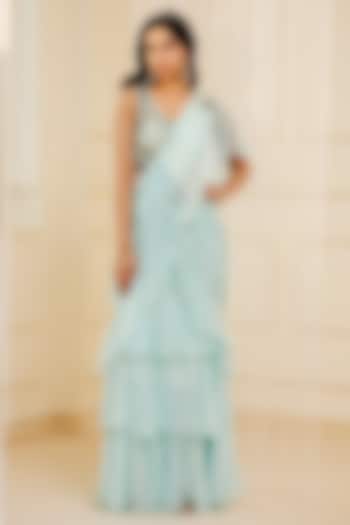 Sky Blue Flat Chiffon Pre-Draped Wedding Saree Set by KANJ By Priyanka Sakhuja at Pernia's Pop Up Shop