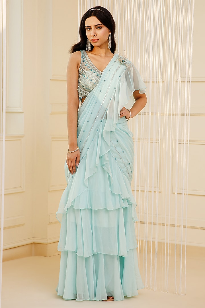 Sky Blue Flat Chiffon Pre-Draped Wedding Saree Set by KANJ By Priyanka Sakhuja at Pernia's Pop Up Shop