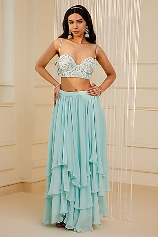 Blue Silk Georgette Lehenga Set by KANJ By Priyanka Sakhuja