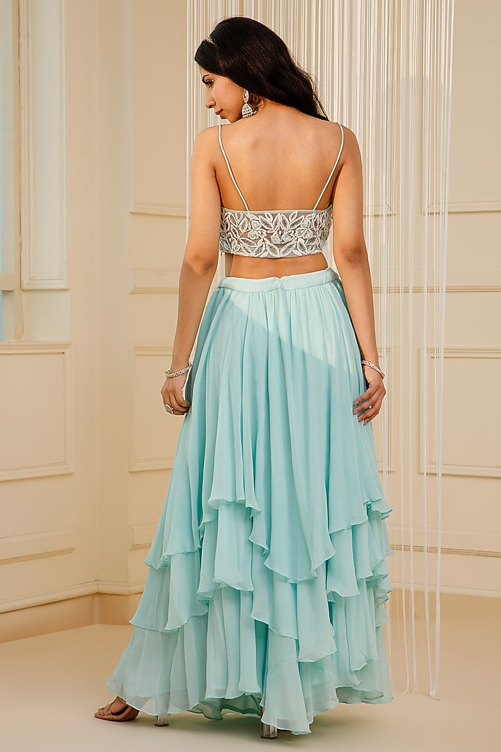 Blue Silk Georgette Wedding Lehenga Set by KANJ By Priyanka Sakhuja at Pernia's Pop Up Shop