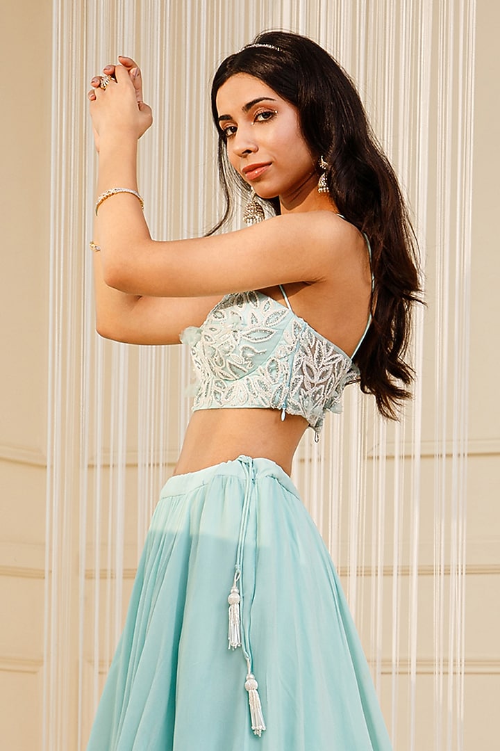 Blue Silk Georgette Wedding Lehenga Set by KANJ By Priyanka Sakhuja at Pernia's Pop Up Shop
