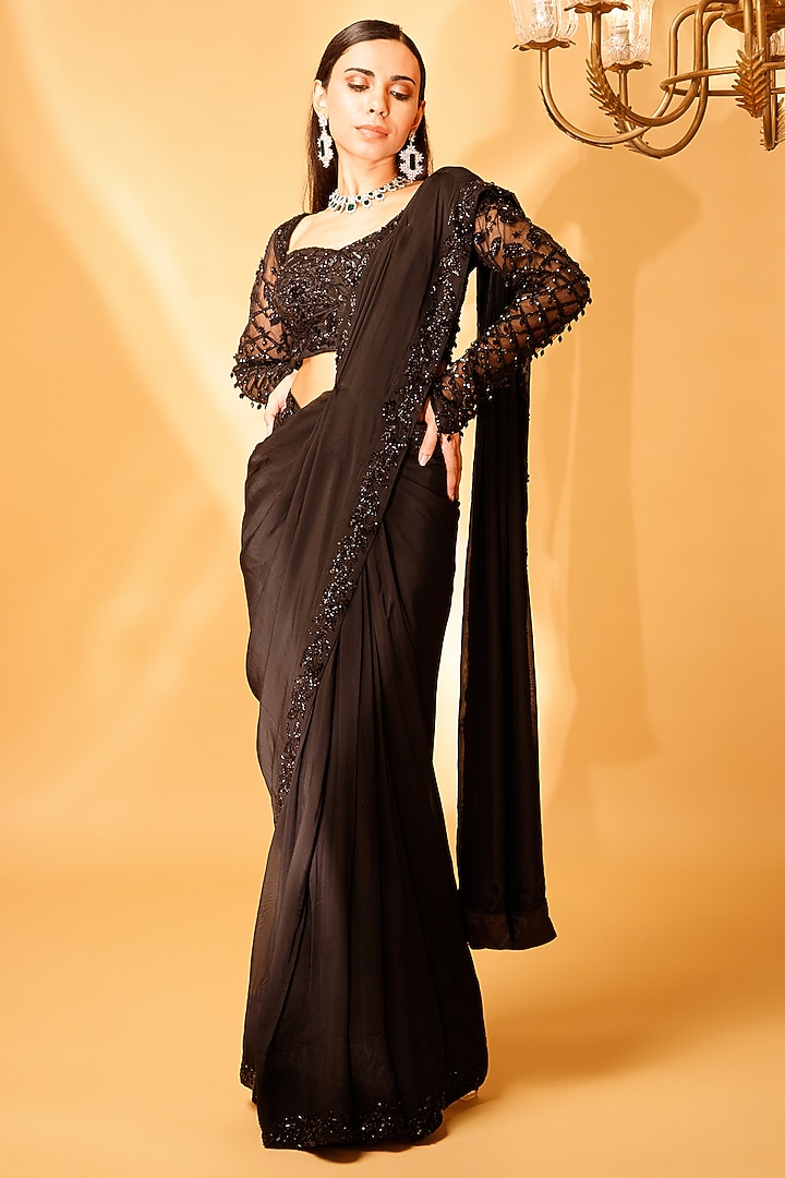 Black Flat Chiffon Silk Embellished Wedding Saree Set by KANJ By Priyanka Sakhuja at Pernia's Pop Up Shop