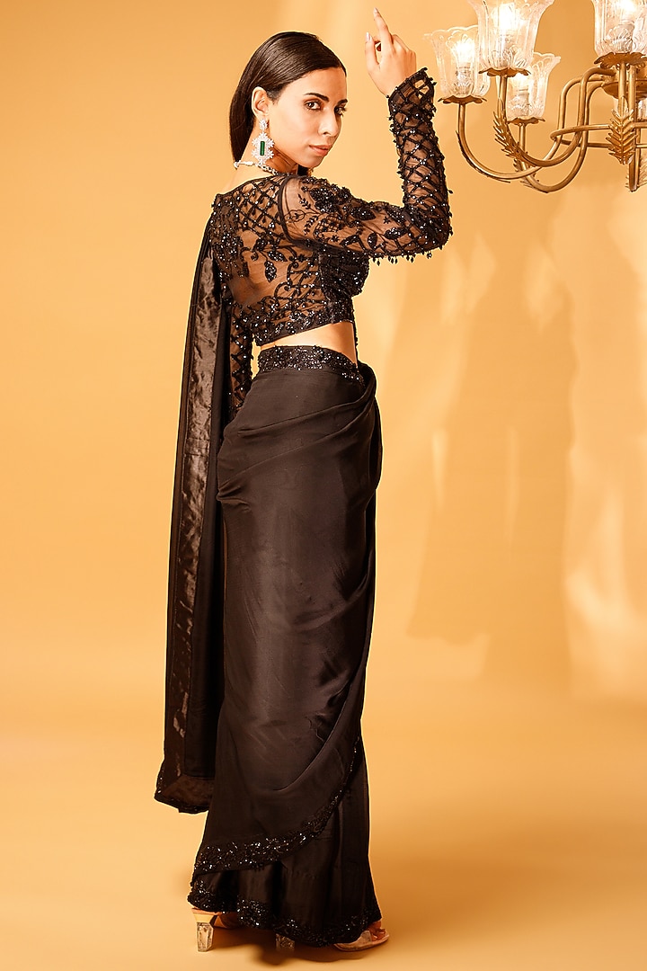 Black Flat Chiffon Silk Embellished Wedding Saree Set by KANJ By Priyanka Sakhuja at Pernia's Pop Up Shop