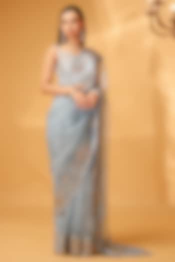 Blue Silk Chiffon Embellished Wedding Saree Set by KANJ By Priyanka Sakhuja at Pernia's Pop Up Shop