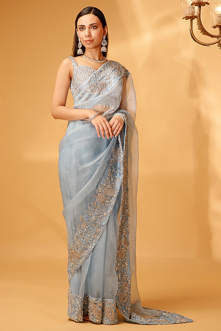 Blue Silk Chiffon Embellished Wedding Saree Set by KANJ By Priyanka Sakhuja at Pernia's Pop Up Shop