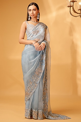Blue Silk Chiffon Embellished Saree Set by KANJ By Priyanka Sakhuja