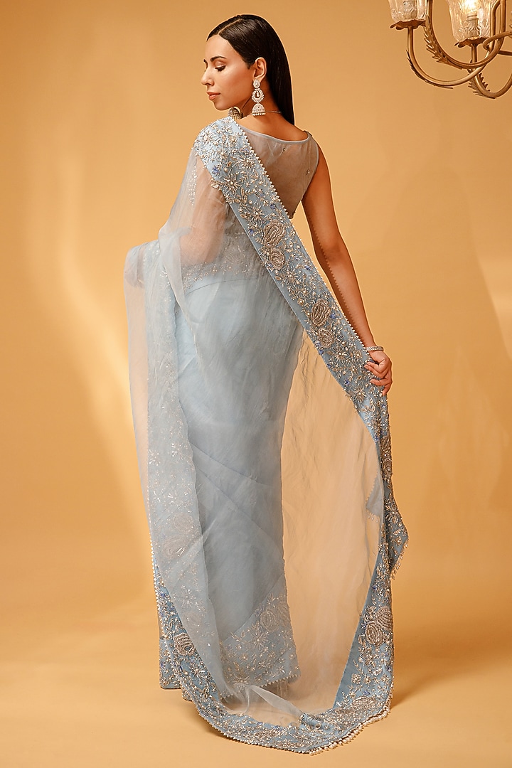 Blue Silk Chiffon Embellished Wedding Saree Set by KANJ By Priyanka Sakhuja at Pernia's Pop Up Shop