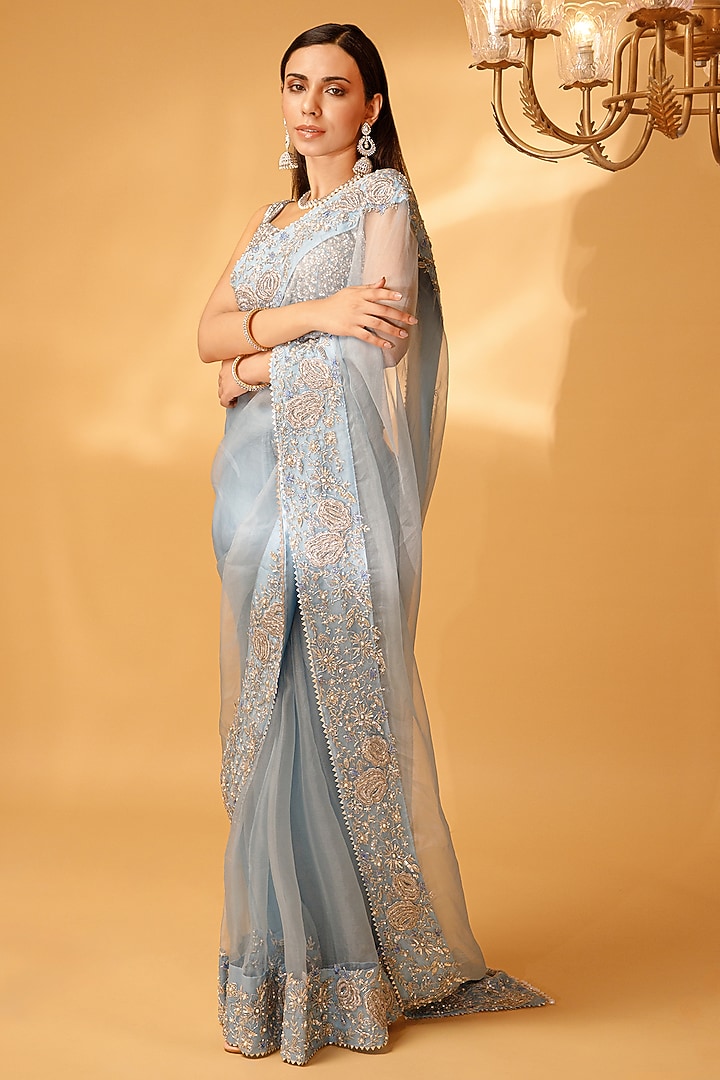 Blue Silk Chiffon Embellished Wedding Saree Set by KANJ By Priyanka Sakhuja at Pernia's Pop Up Shop