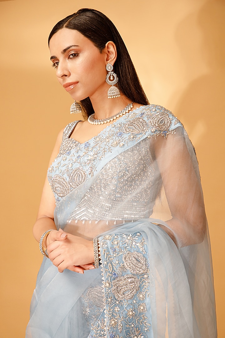 Blue Silk Chiffon Embellished Wedding Saree Set by KANJ By Priyanka Sakhuja at Pernia's Pop Up Shop