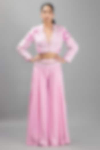 Soft Pastel Pink Organza & Silk Embroidered Wedding Sharara Set by KANJ By Priyanka Sakhuja at Pernia's Pop Up Shop