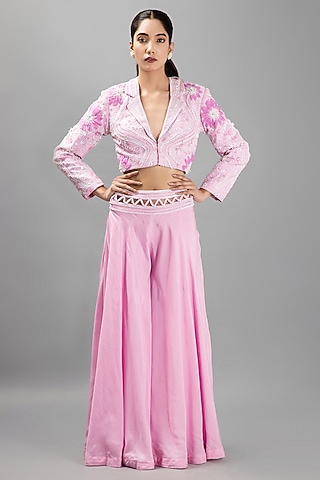 Soft Pastel Pink Organza & Silk Embroidered Sharara Set by KANJ By Priyanka Sakhuja